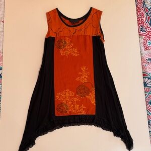 Sleeveless Black Tunic with Orange Floral Panel